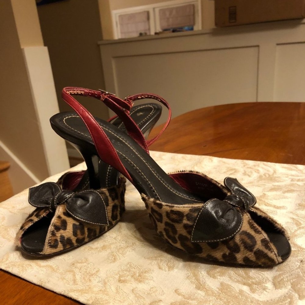 Cole Haan Brown Leopard Calf Hair Peep Toe Heels w/Red Sling Back and Brown Bow